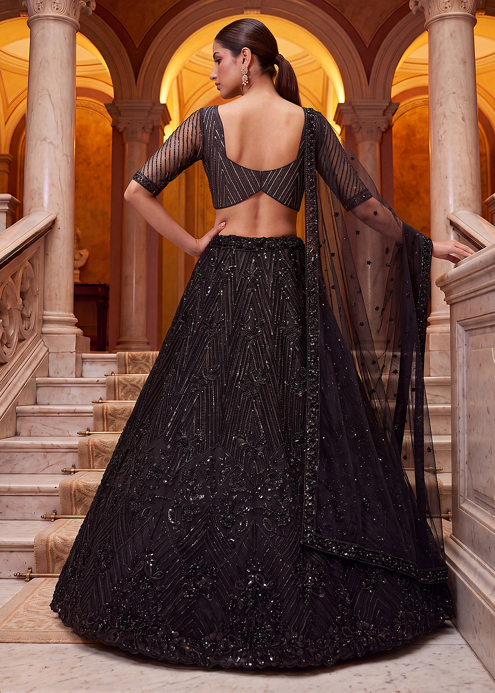 Shop Breathtaking Black Heavy Embroidery Reception Party Lehenga Choli Online in USA, UK, Canada, France, Germany, Spain, Austria, UAE &amp; Worldwide at Empress.