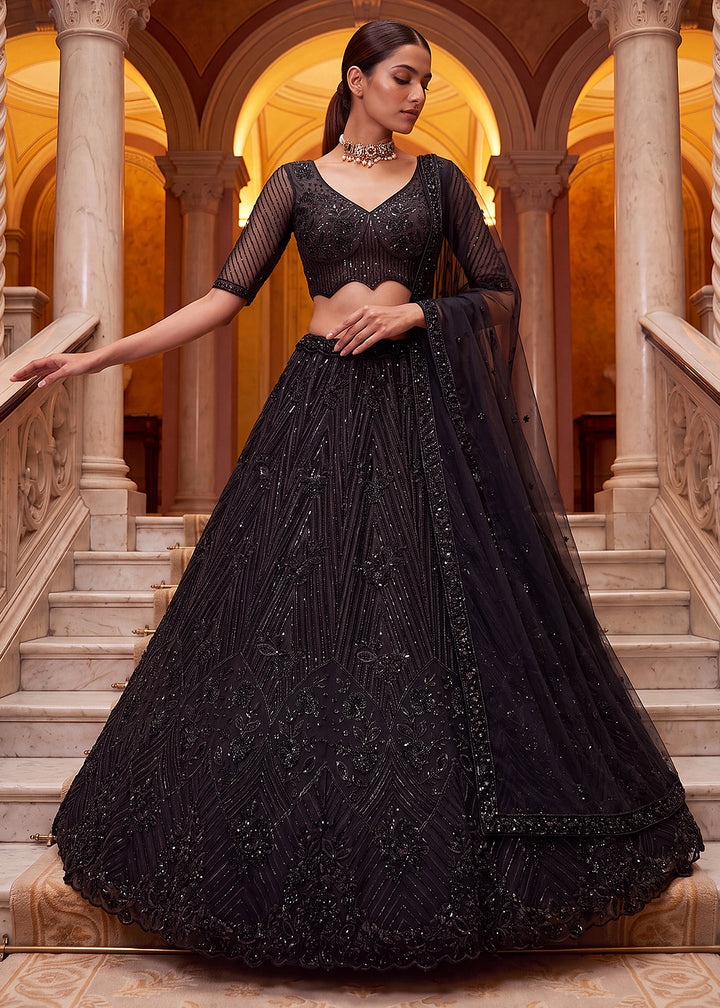Shop Breathtaking Black Heavy Embroidery Reception Party Lehenga Choli Online in USA, UK, Canada, France, Germany, Spain, Austria, UAE &amp; Worldwide at Empress.