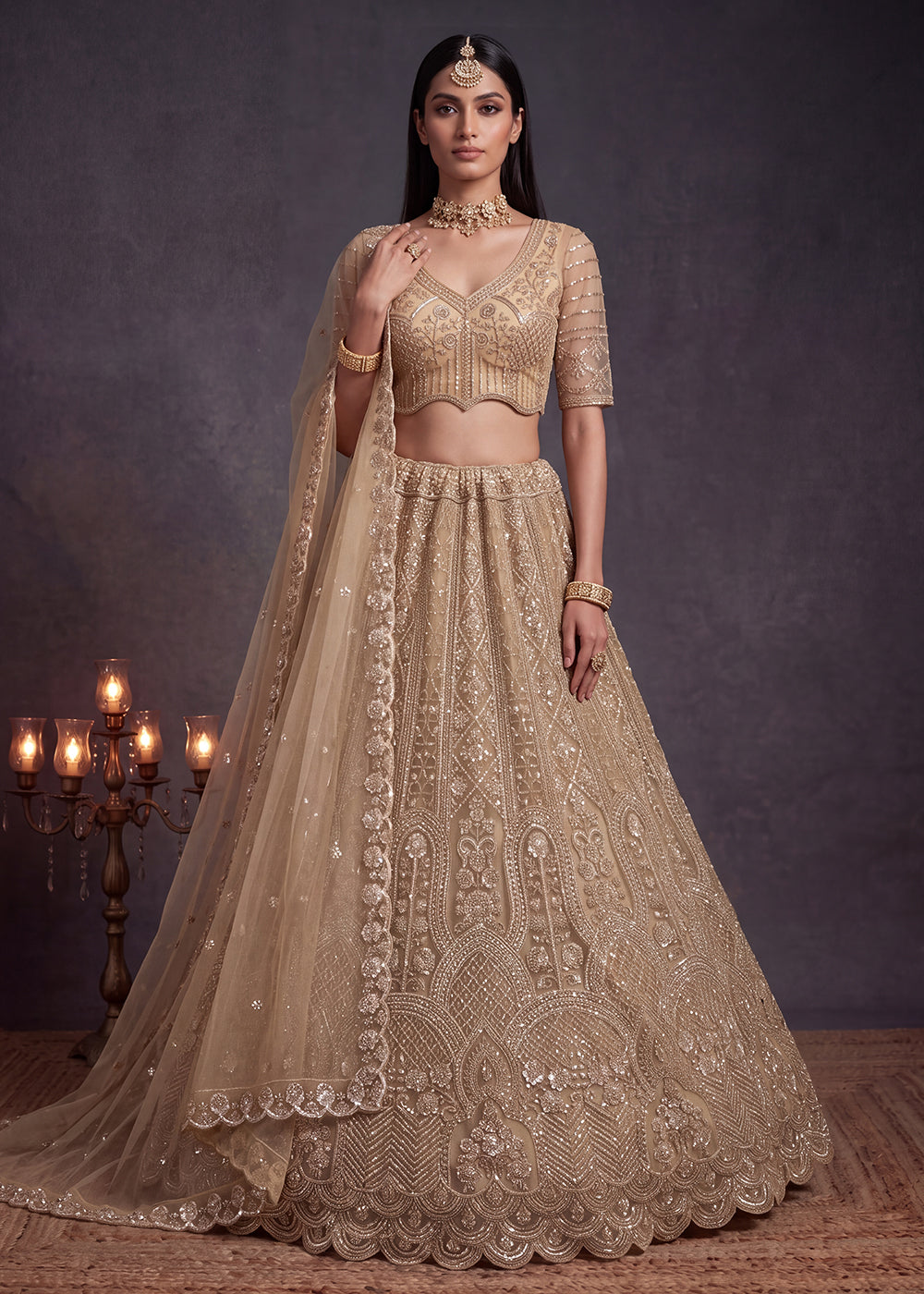 Shop Now Amazing Chiku Designed Wedding Wear Lehenga Choli Online in US, UK, Canada, France, Germany, Austria, Australia, Italy, Denmark & Worldwide at Empress.