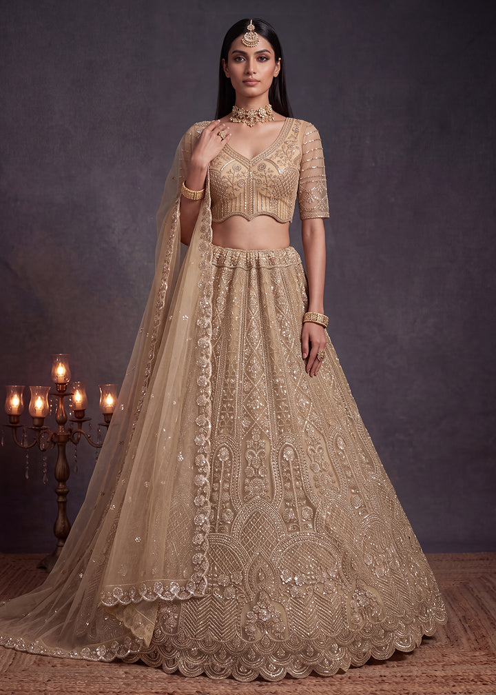 Shop Now Amazing Chiku Designed Wedding Wear Lehenga Choli Online in US, UK, Canada, France, Germany, Austria, Australia, Italy, Denmark &amp; Worldwide at Empress.