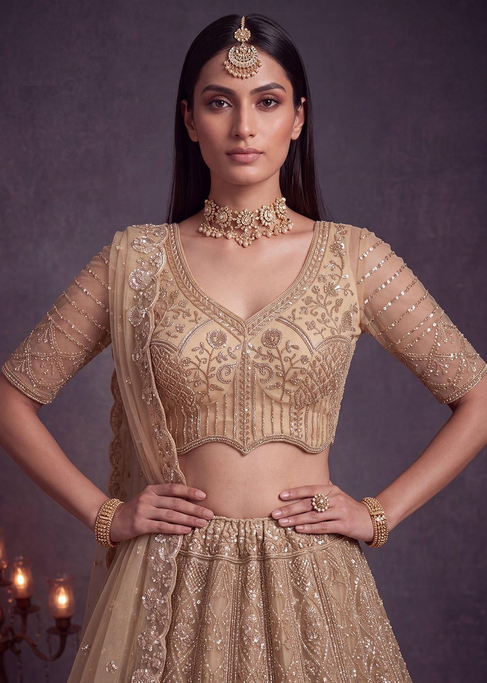 Shop Now Amazing Chiku Designed Wedding Wear Lehenga Choli Online in US, UK, Canada, France, Germany, Austria, Australia, Italy, Denmark & Worldwide at Empress.