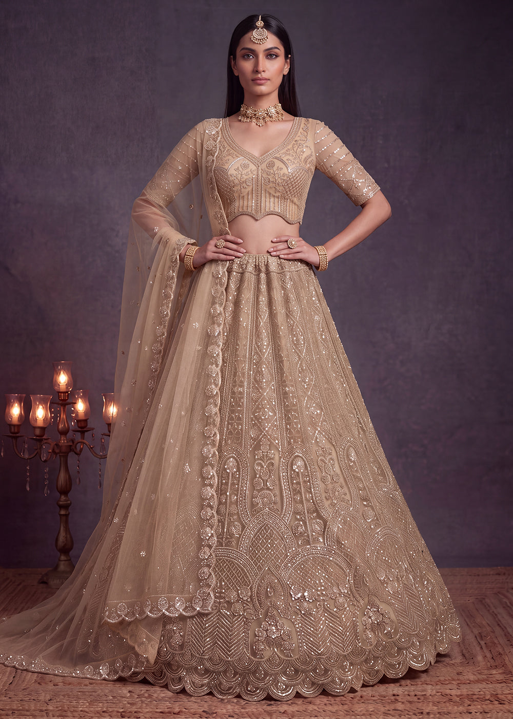 Shop Now Amazing Chiku Designed Wedding Wear Lehenga Choli Online in US, UK, Canada, France, Germany, Austria, Australia, Italy, Denmark &amp; Worldwide at Empress.