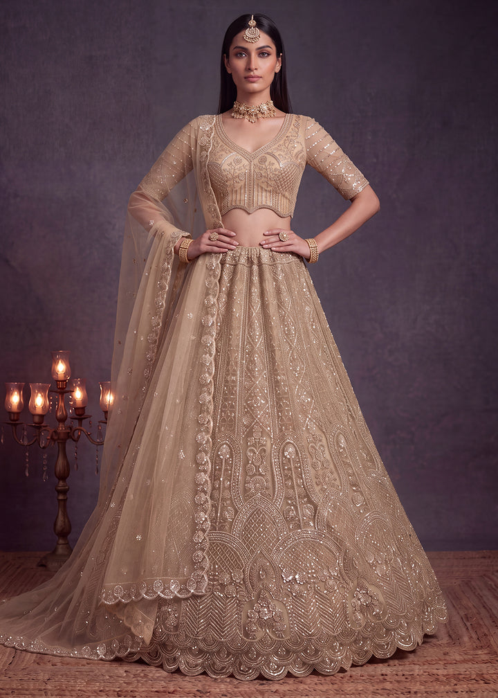 Shop Now Amazing Chiku Designed Wedding Wear Lehenga Choli Online in US, UK, Canada, France, Germany, Austria, Australia, Italy, Denmark &amp; Worldwide at Empress.