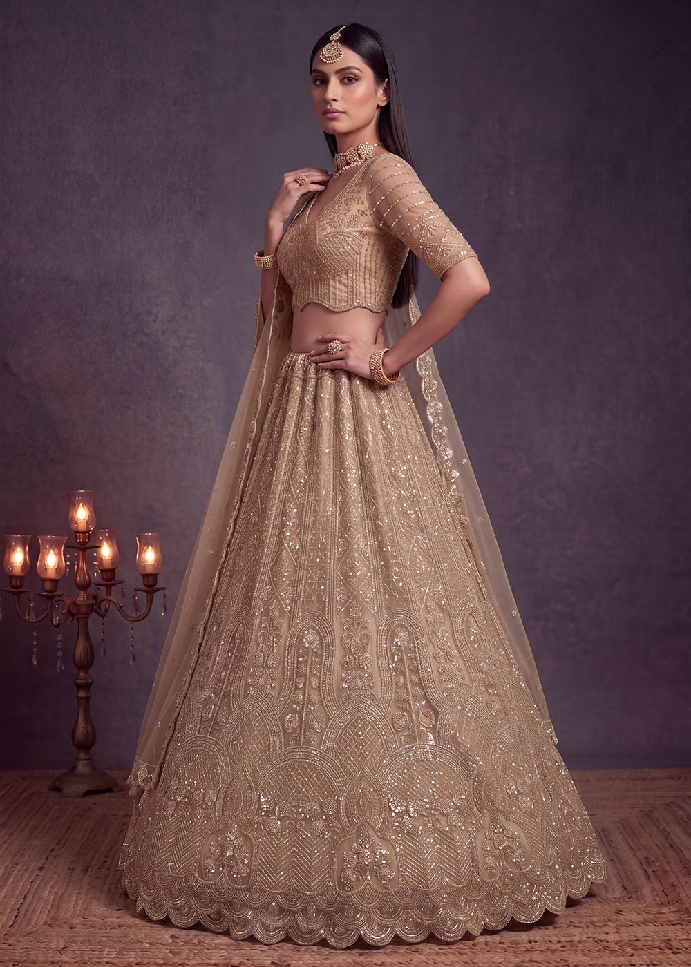 Shop Now Amazing Chiku Designed Wedding Wear Lehenga Choli Online in US, UK, Canada, France, Germany, Austria, Australia, Italy, Denmark &amp; Worldwide at Empress.
