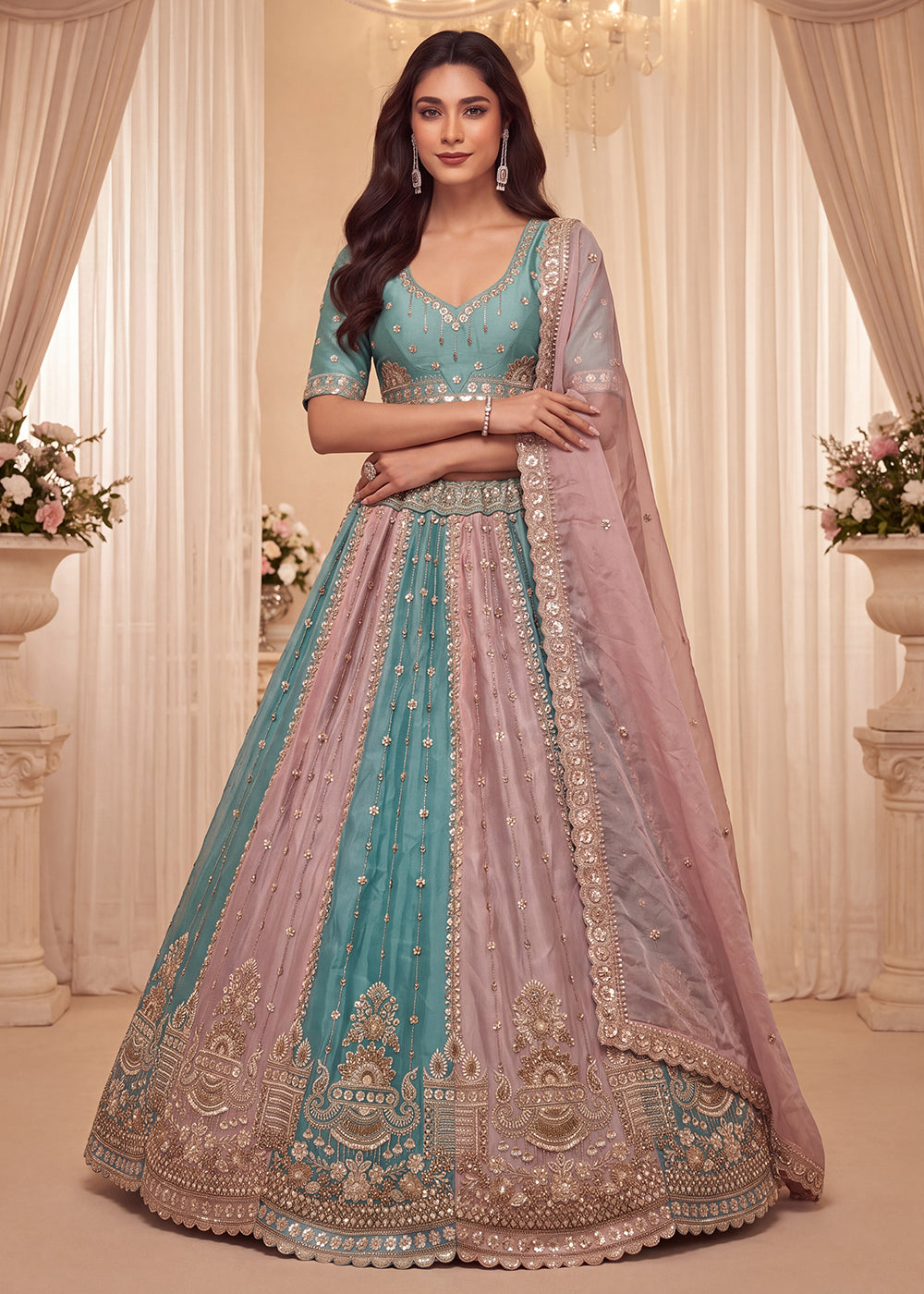 Shop Now Pastel Sky & Lilac Embroidered Silk Wedding Lehenga choli Online in US, UK, Canada, France, Germany, Austria, Australia, Italy & Worldwide at Empress.