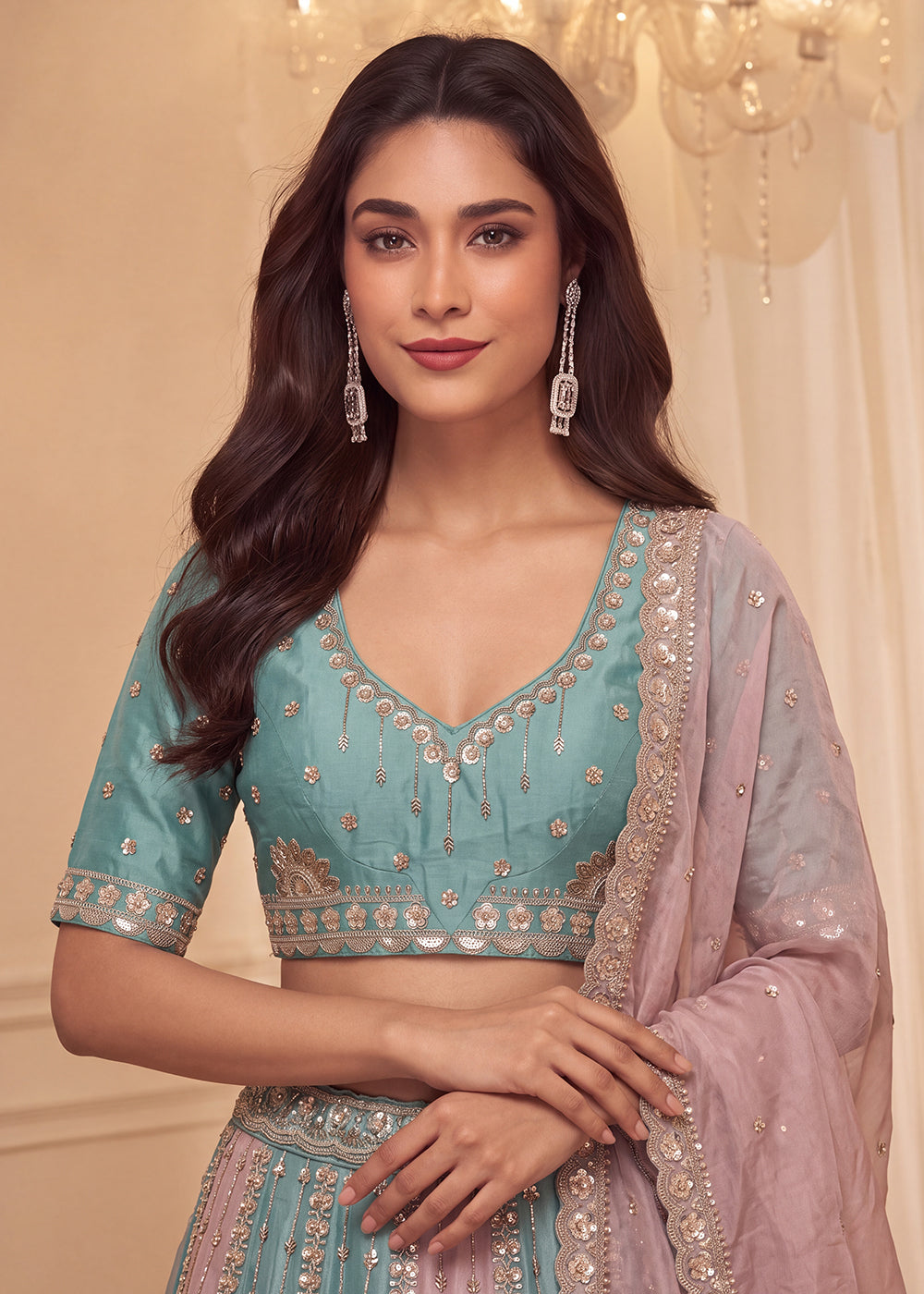 Shop Now Pastel Sky & Lilac Embroidered Silk Wedding Lehenga choli Online in US, UK, Canada, France, Germany, Austria, Australia, Italy & Worldwide at Empress.