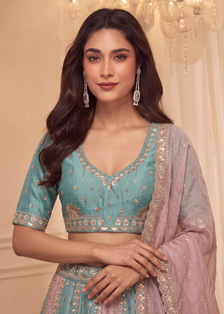 Shop Now Pastel Sky &amp; Lilac Embroidered Silk Wedding Lehenga choli Online in US, UK, Canada, France, Germany, Austria, Australia, Italy &amp; Worldwide at Empress.