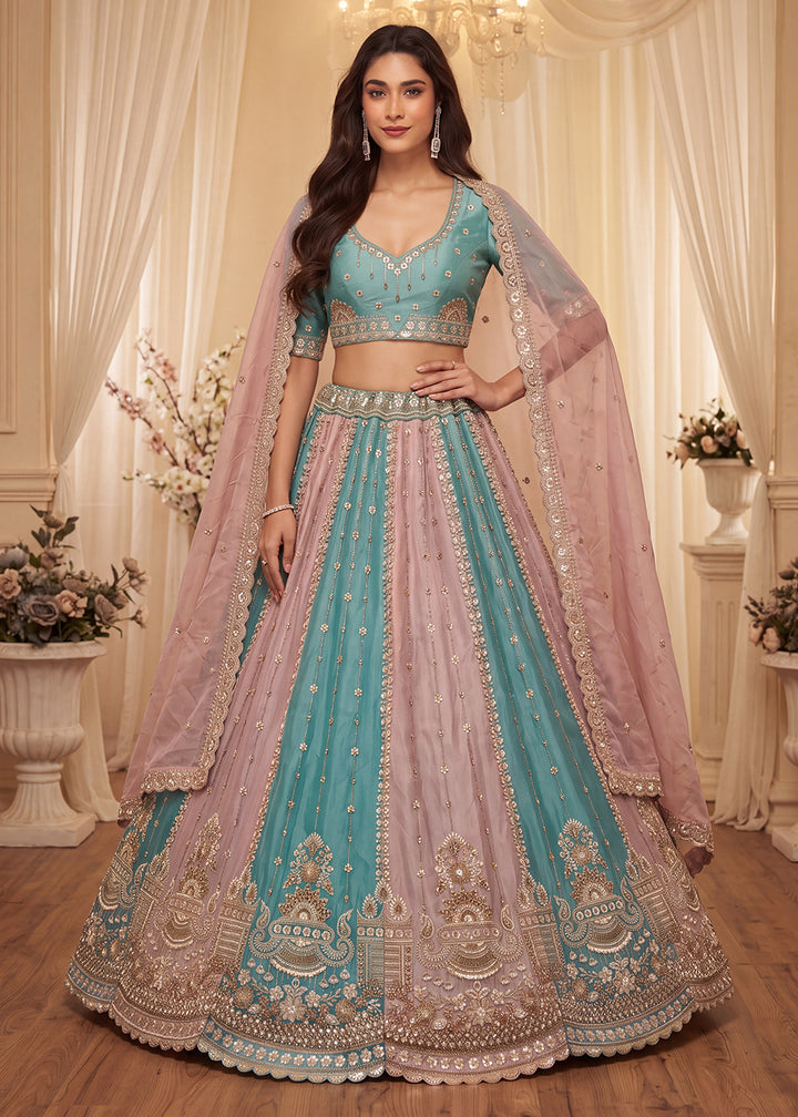 Shop Now Pastel Sky &amp; Lilac Embroidered Silk Wedding Lehenga choli Online in US, UK, Canada, France, Germany, Austria, Australia, Italy &amp; Worldwide at Empress.