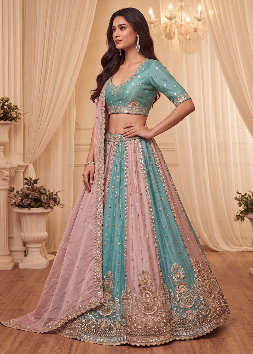 Shop Now Pastel Sky &amp; Lilac Embroidered Silk Wedding Lehenga choli Online in US, UK, Canada, France, Germany, Austria, Australia, Italy &amp; Worldwide at Empress.