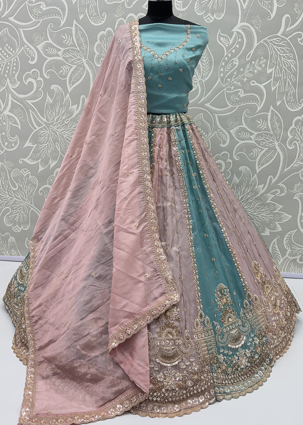 Shop Now Pastel Sky &amp; Lilac Embroidered Silk Wedding Lehenga choli Online in US, UK, Canada, France, Germany, Austria, Australia, Italy &amp; Worldwide at Empress.
