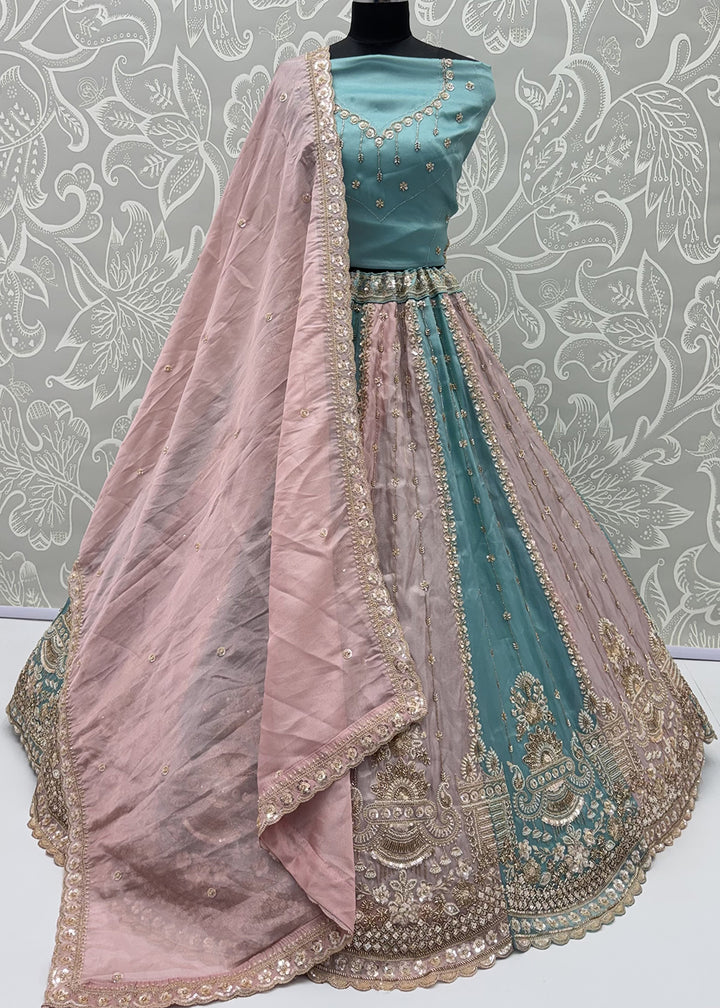 Shop Now Pastel Sky &amp; Lilac Embroidered Silk Wedding Lehenga choli Online in US, UK, Canada, France, Germany, Austria, Australia, Italy &amp; Worldwide at Empress.