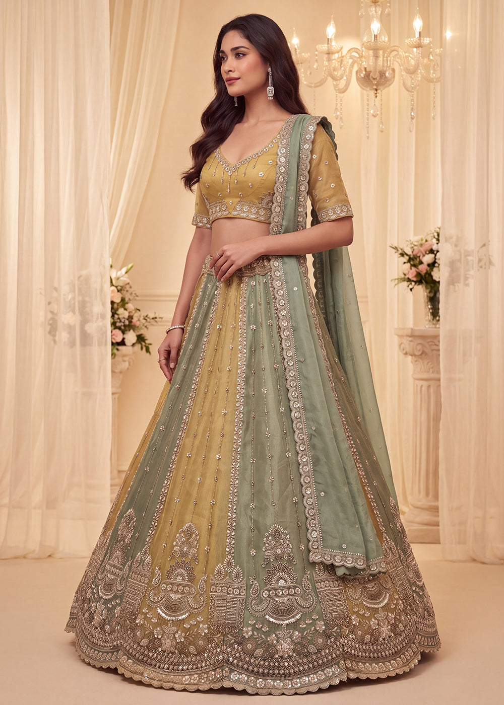 Shop Now Pastel Mustard &amp; Green Embroidered Silk Wedding Lehenga choli Online in US, UK, Canada, France, Germany, Austria, Australia, UAE &amp; Worldwide at Empress.