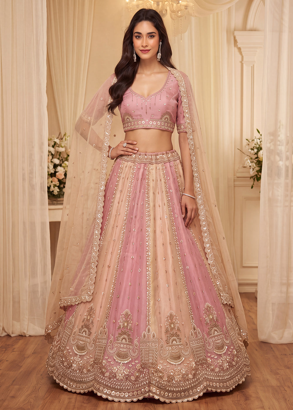 Shop Now Pastel Pink & Cream Embroidered Silk Wedding Lehenga choli Online in US, UK, Canada, France, Germany, Austria, Australia, UAE & Worldwide at Empress.