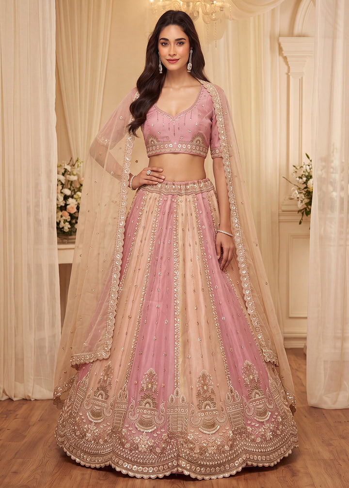 Shop Now Pastel Pink &amp; Cream Embroidered Silk Wedding Lehenga choli Online in US, UK, Canada, France, Germany, Austria, Australia, UAE &amp; Worldwide at Empress.