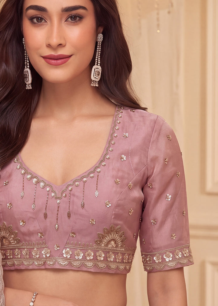 Shop Now Pastel Pink &amp; Cream Embroidered Silk Wedding Lehenga choli Online in US, UK, Canada, France, Germany, Austria, Australia, UAE &amp; Worldwide at Empress.