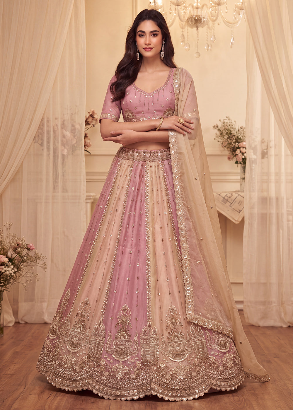 Shop Now Pastel Pink &amp; Cream Embroidered Silk Wedding Lehenga choli Online in US, UK, Canada, France, Germany, Austria, Australia, UAE &amp; Worldwide at Empress.