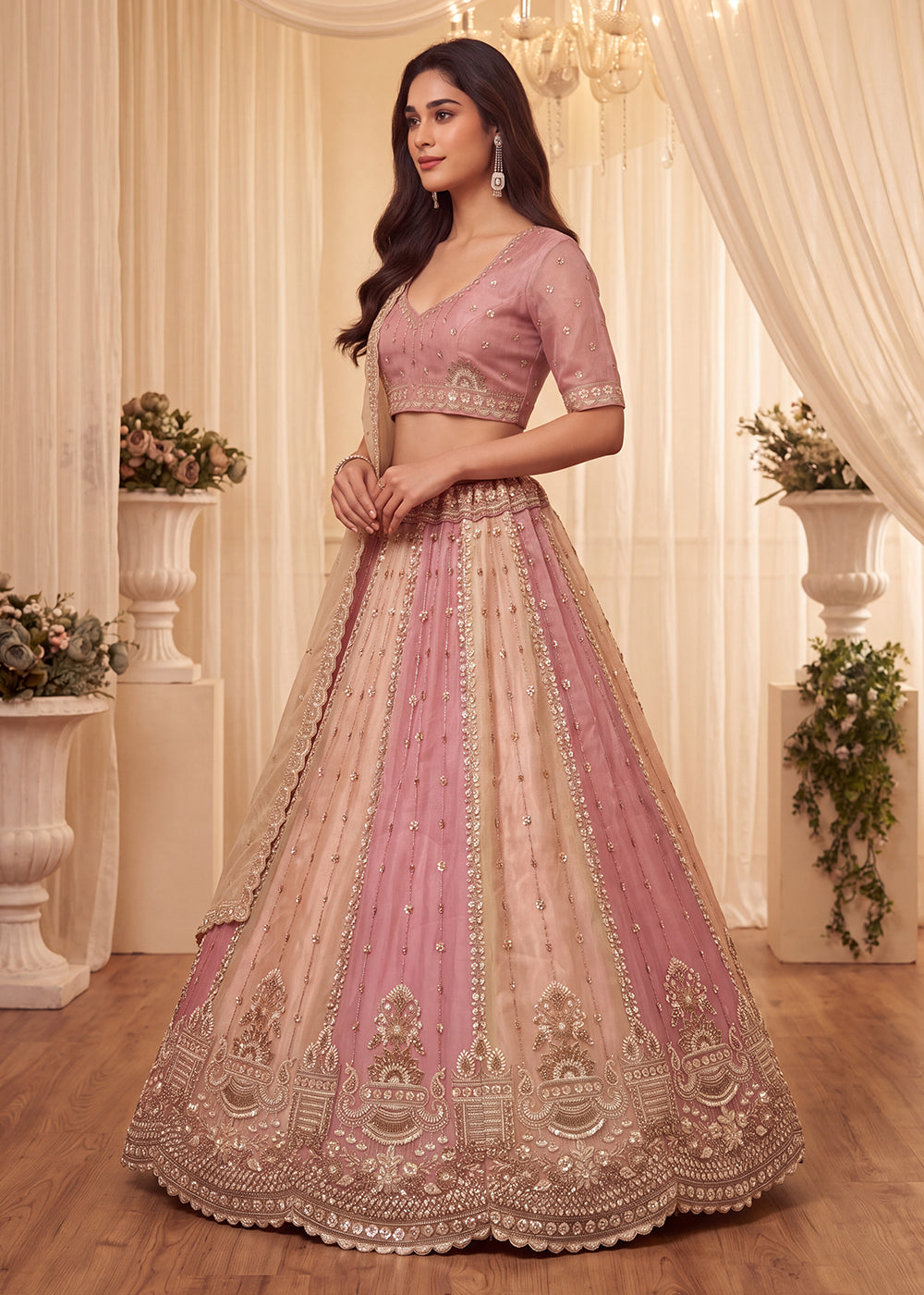 Shop Now Pastel Pink &amp; Cream Embroidered Silk Wedding Lehenga choli Online in US, UK, Canada, France, Germany, Austria, Australia, UAE &amp; Worldwide at Empress.