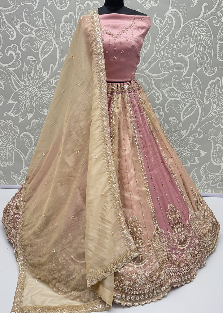 Shop Now Pastel Pink &amp; Cream Embroidered Silk Wedding Lehenga choli Online in US, UK, Canada, France, Germany, Austria, Australia, UAE &amp; Worldwide at Empress.