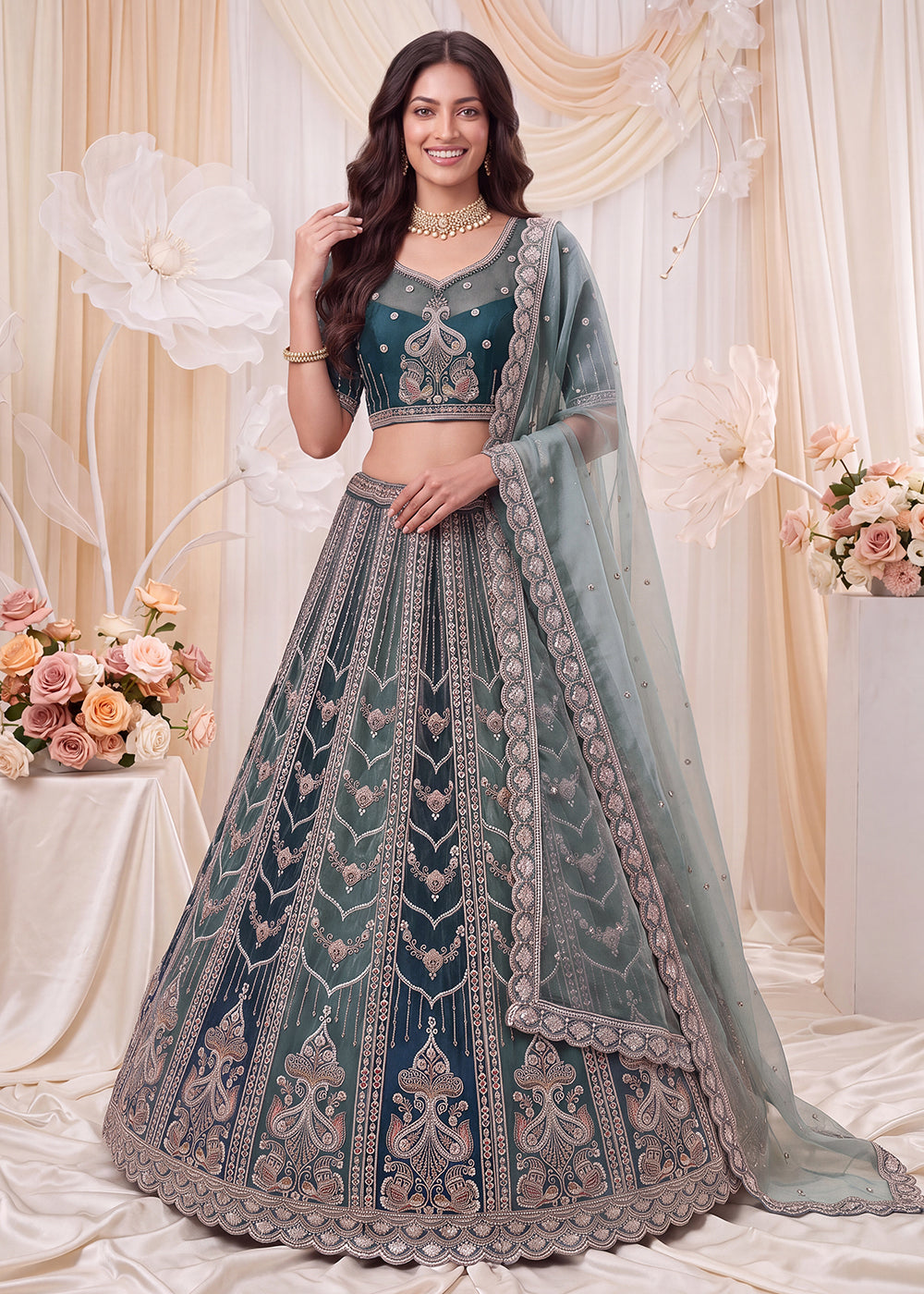 Shop Now Fascinating Shaded Blue Silk Wedding Party Lehenga Choli Online in USA, UK, Canada, France, Germany, Spain, Austria, Australia &amp; Worldwide at Empress.