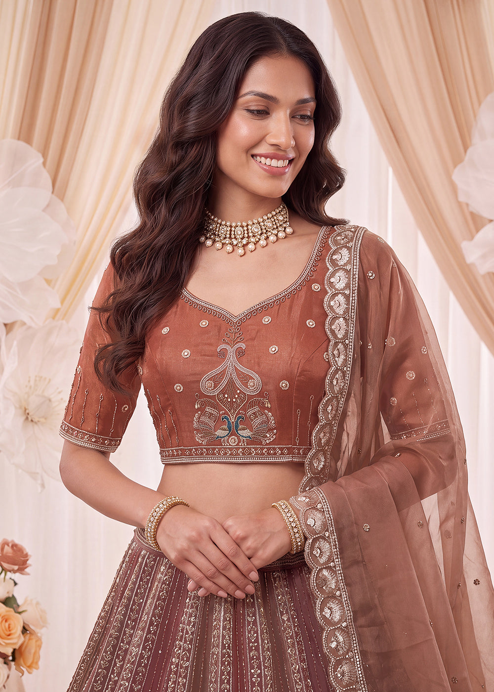 Shop Now Fascinating Shaded Rust Silk Wedding Party Lehenga Choli Online in USA, UK, Canada, France, Germany, Spain, Austria, Australia &amp; Worldwide at Empress.