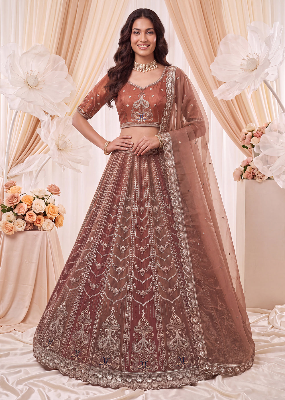 Shop Now Fascinating Shaded Rust Silk Wedding Party Lehenga Choli Online in USA, UK, Canada, France, Germany, Spain, Austria, Australia &amp; Worldwide at Empress.