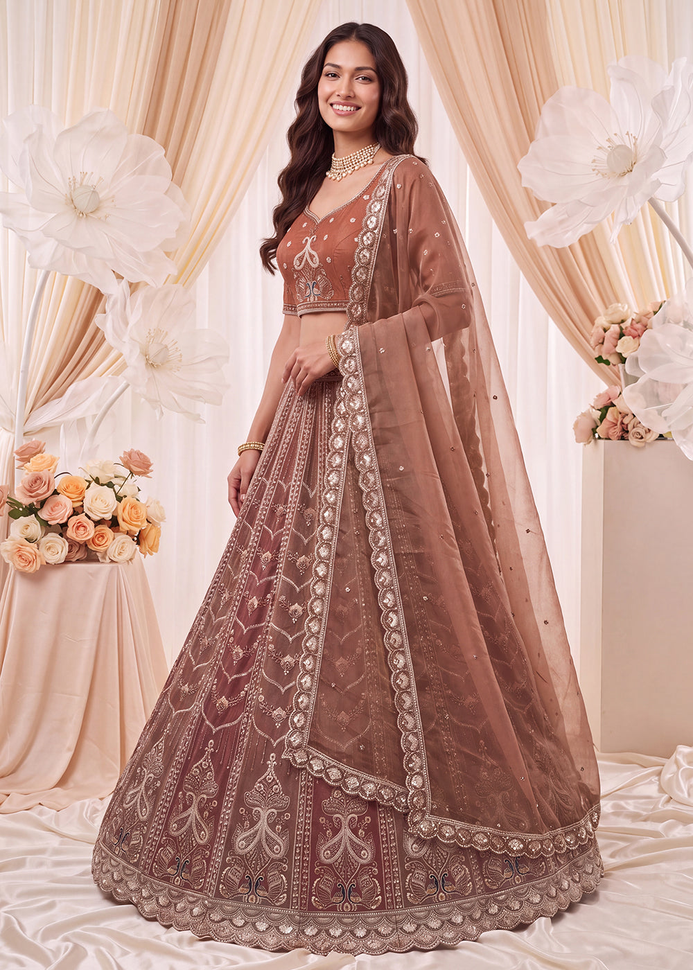 Shop Now Fascinating Shaded Rust Silk Wedding Party Lehenga Choli Online in USA, UK, Canada, France, Germany, Spain, Austria, Australia &amp; Worldwide at Empress.