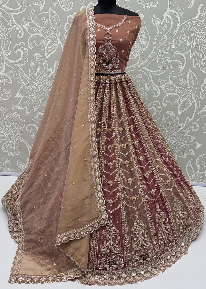 Shop Now Fascinating Shaded Rust Silk Wedding Party Lehenga Choli Online in USA, UK, Canada, France, Germany, Spain, Austria, Australia &amp; Worldwide at Empress.