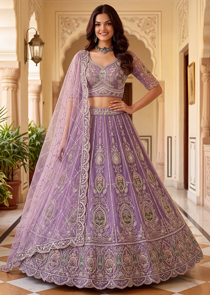 Shop Now Lilac Amazing Designed Embroidery Wedding Lehenga Choli Online in USA, UK, Canada, France, Germany, Spain, Austria, Australia &amp; Worldwide at Empress.