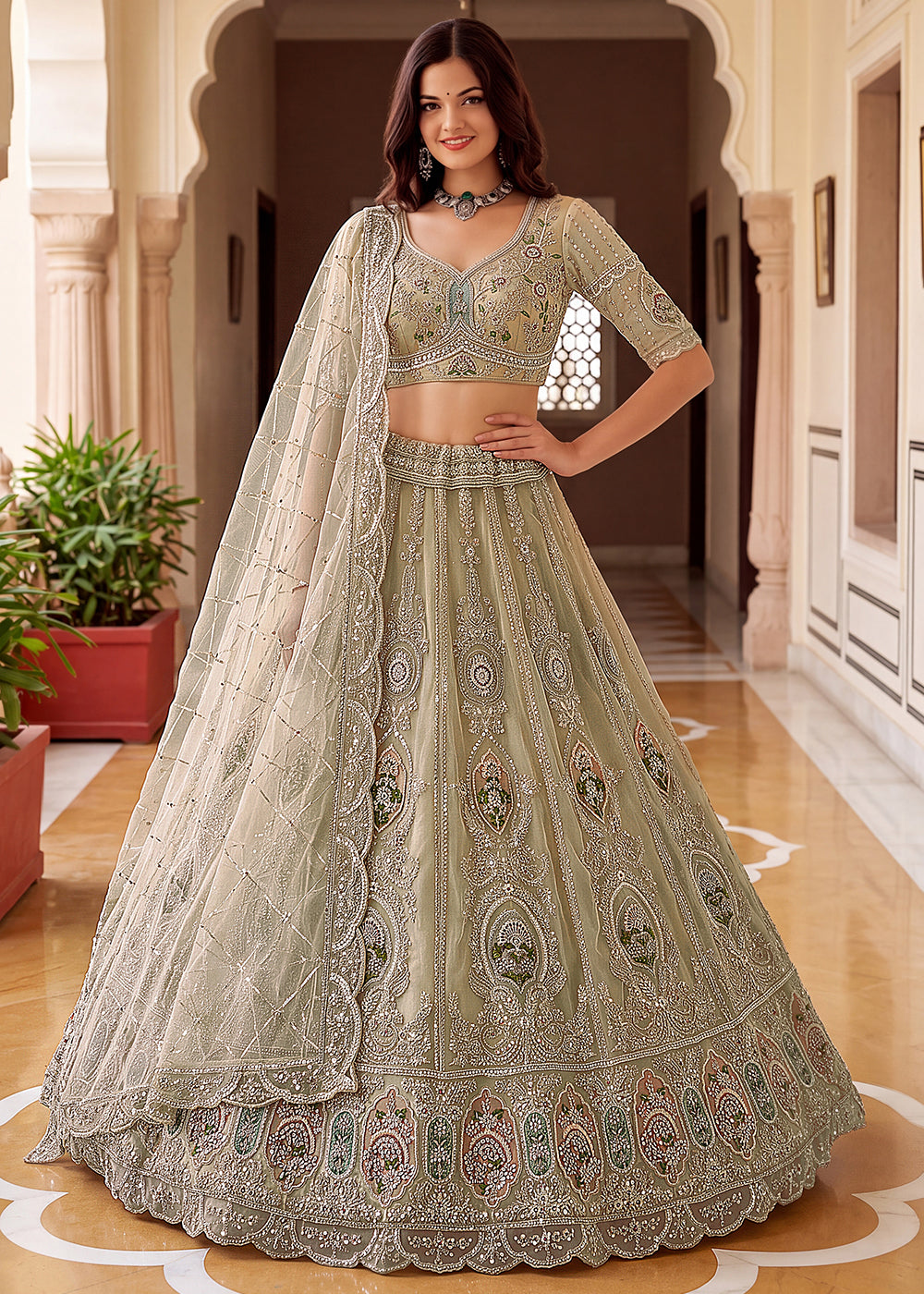 Shop Now Green Amazing Designed Embroidery Wedding Lehenga Choli Online in USA, UK, Canada, France, Germany, Spain, Austria, Australia & Worldwide at Empress.