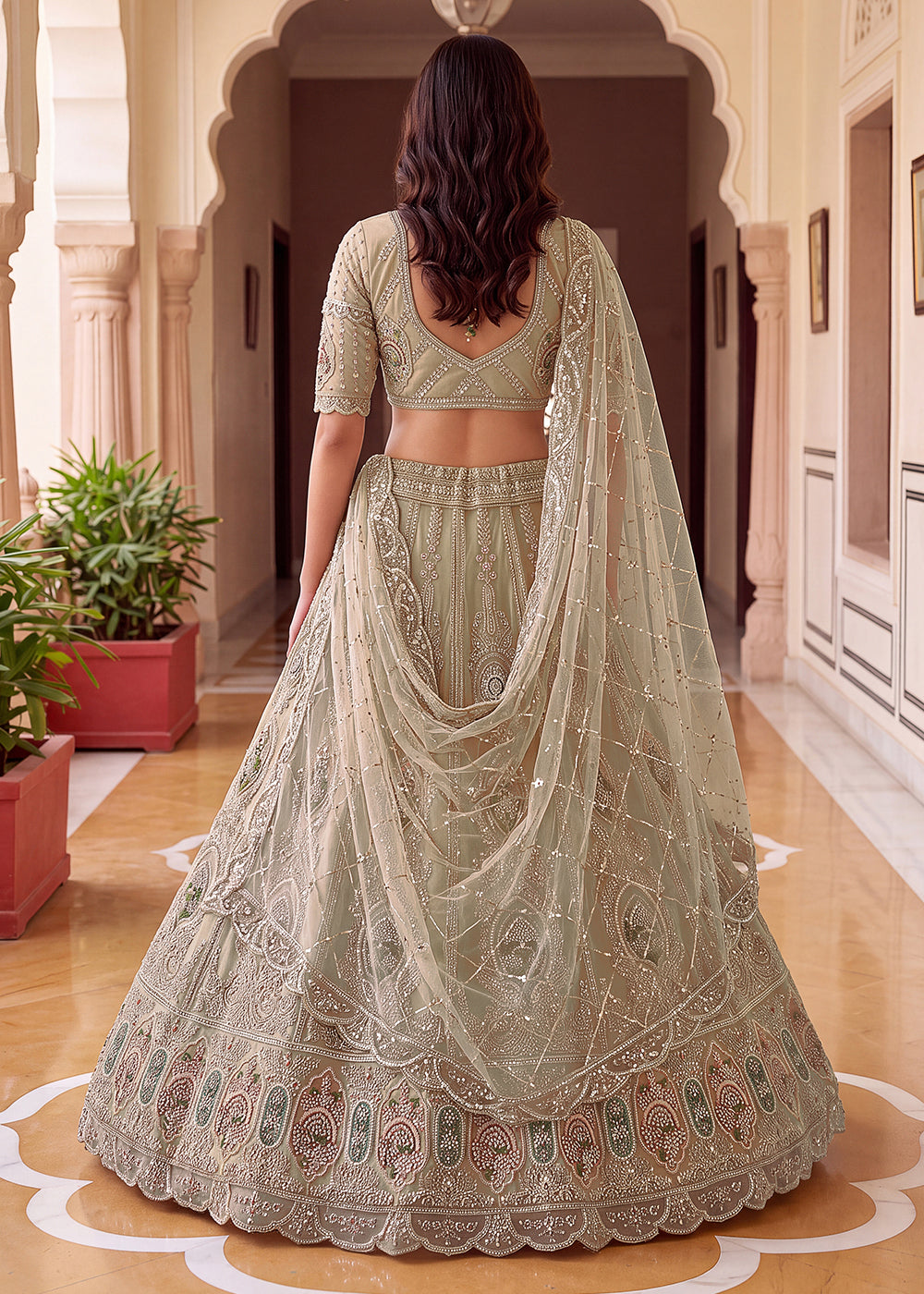 Shop Now Green Amazing Designed Embroidery Wedding Lehenga Choli Online in USA, UK, Canada, France, Germany, Spain, Austria, Australia &amp; Worldwide at Empress.