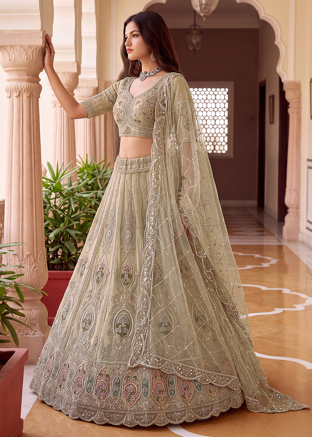 Shop Now Green Amazing Designed Embroidery Wedding Lehenga Choli Online in USA, UK, Canada, France, Germany, Spain, Austria, Australia &amp; Worldwide at Empress.