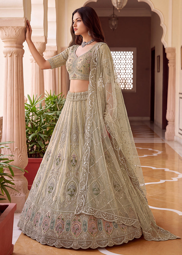 Shop Now Green Amazing Designed Embroidery Wedding Lehenga Choli Online in USA, UK, Canada, France, Germany, Spain, Austria, Australia &amp; Worldwide at Empress.
