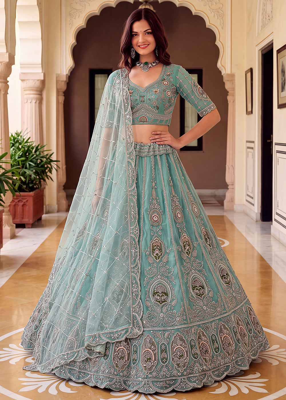 Shop Now Blue Amazing Designed Embroidery Wedding Lehenga Choli Online in USA, UK, Canada, France, Germany, Spain, Austria, Australia & Worldwide at Empress.
