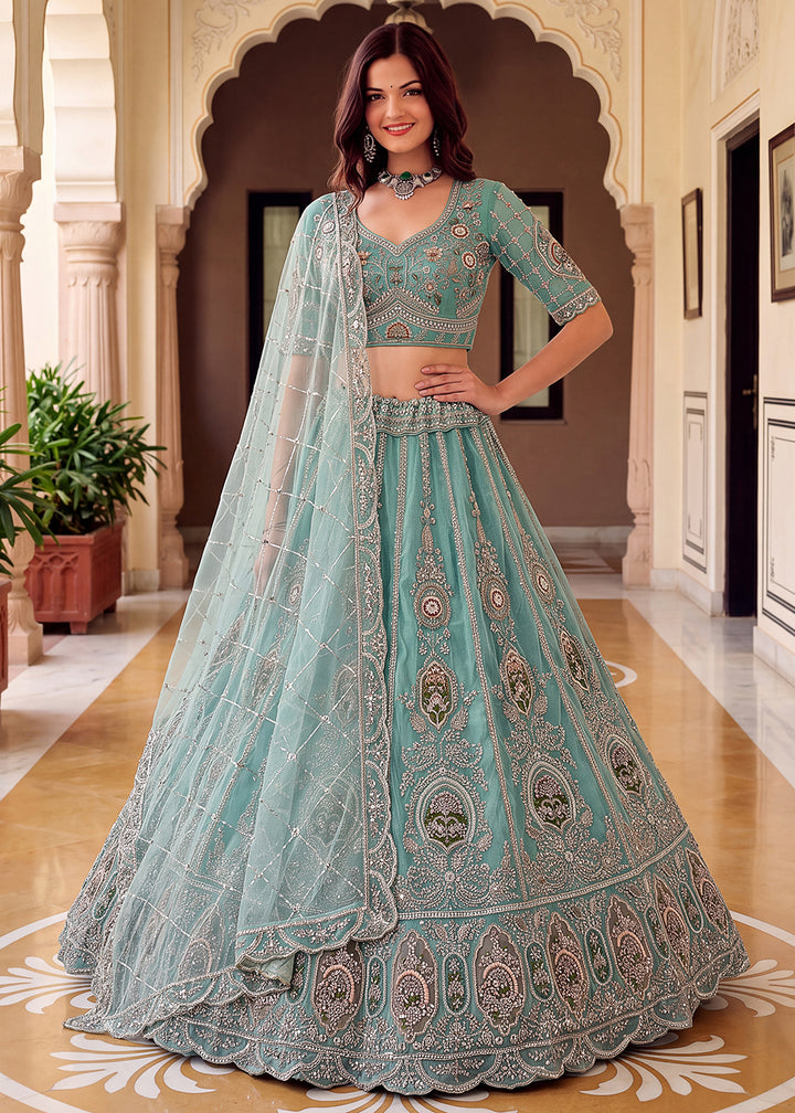 Shop Now Blue Amazing Designed Embroidery Wedding Lehenga Choli Online in USA, UK, Canada, France, Germany, Spain, Austria, Australia &amp; Worldwide at Empress.