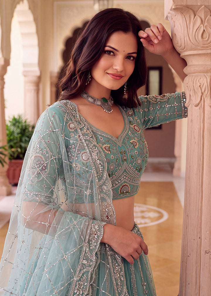 Shop Now Blue Amazing Designed Embroidery Wedding Lehenga Choli Online in USA, UK, Canada, France, Germany, Spain, Austria, Australia &amp; Worldwide at Empress.