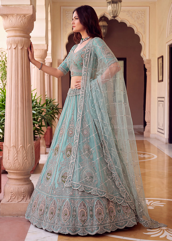 Shop Now Blue Amazing Designed Embroidery Wedding Lehenga Choli Online in USA, UK, Canada, France, Germany, Spain, Austria, Australia &amp; Worldwide at Empress.