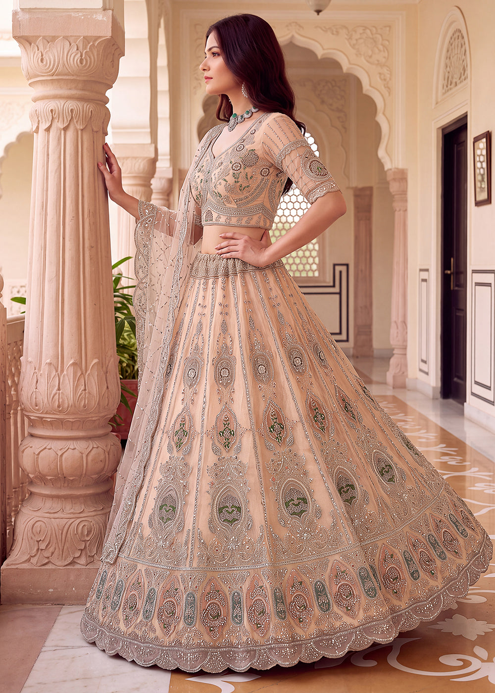 Shop Now Peach Amazing Designed Embroidery Wedding Lehenga Choli Online in USA, UK, Canada, France, Germany, Spain, Austria, Australia &amp; Worldwide at Empress.