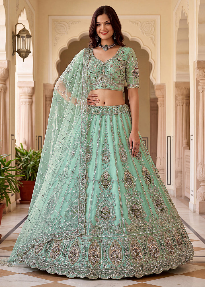 Shop Now Aqua Amazing Designed Embroidery Wedding Lehenga Choli Online in USA, UK, Canada, France, Germany, Spain, Austria, Australia &amp; Worldwide at Empress.