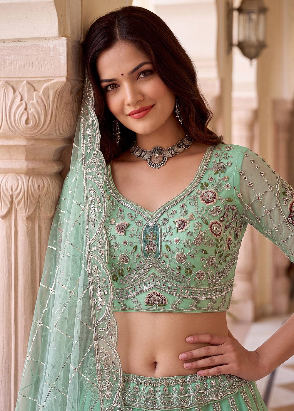 Shop Now Aqua Amazing Designed Embroidery Wedding Lehenga Choli Online in USA, UK, Canada, France, Germany, Spain, Austria, Australia & Worldwide at Empress.