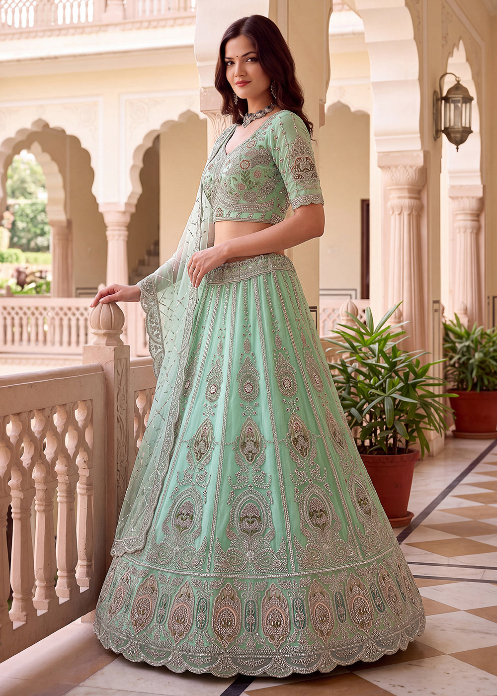 Shop Now Aqua Amazing Designed Embroidery Wedding Lehenga Choli Online in USA, UK, Canada, France, Germany, Spain, Austria, Australia &amp; Worldwide at Empress.