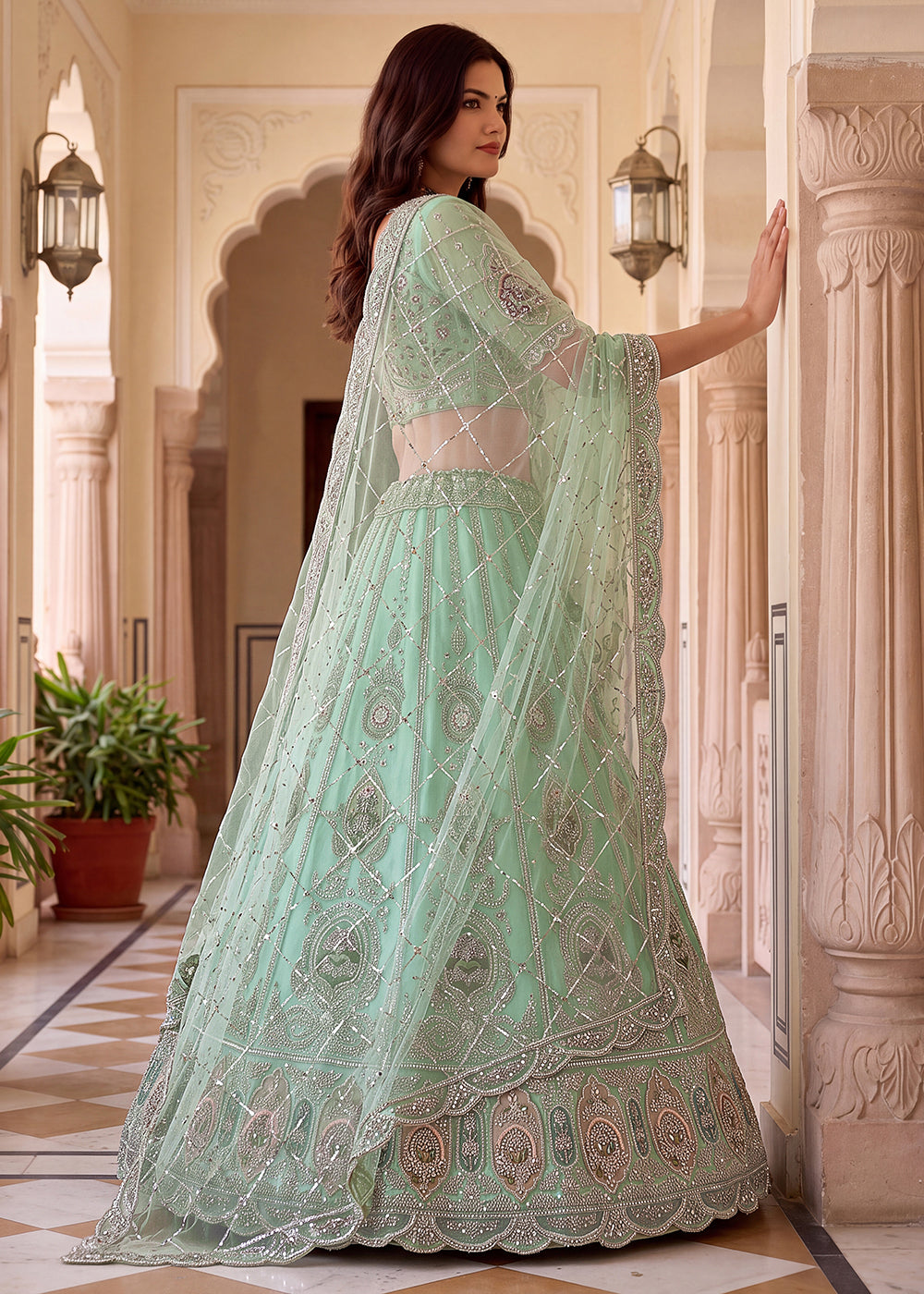 Shop Now Aqua Amazing Designed Embroidery Wedding Lehenga Choli Online in USA, UK, Canada, France, Germany, Spain, Austria, Australia &amp; Worldwide at Empress.