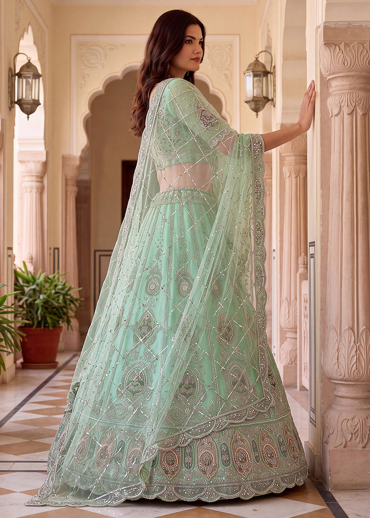 Shop Now Aqua Amazing Designed Embroidery Wedding Lehenga Choli Online in USA, UK, Canada, France, Germany, Spain, Austria, Australia &amp; Worldwide at Empress.
