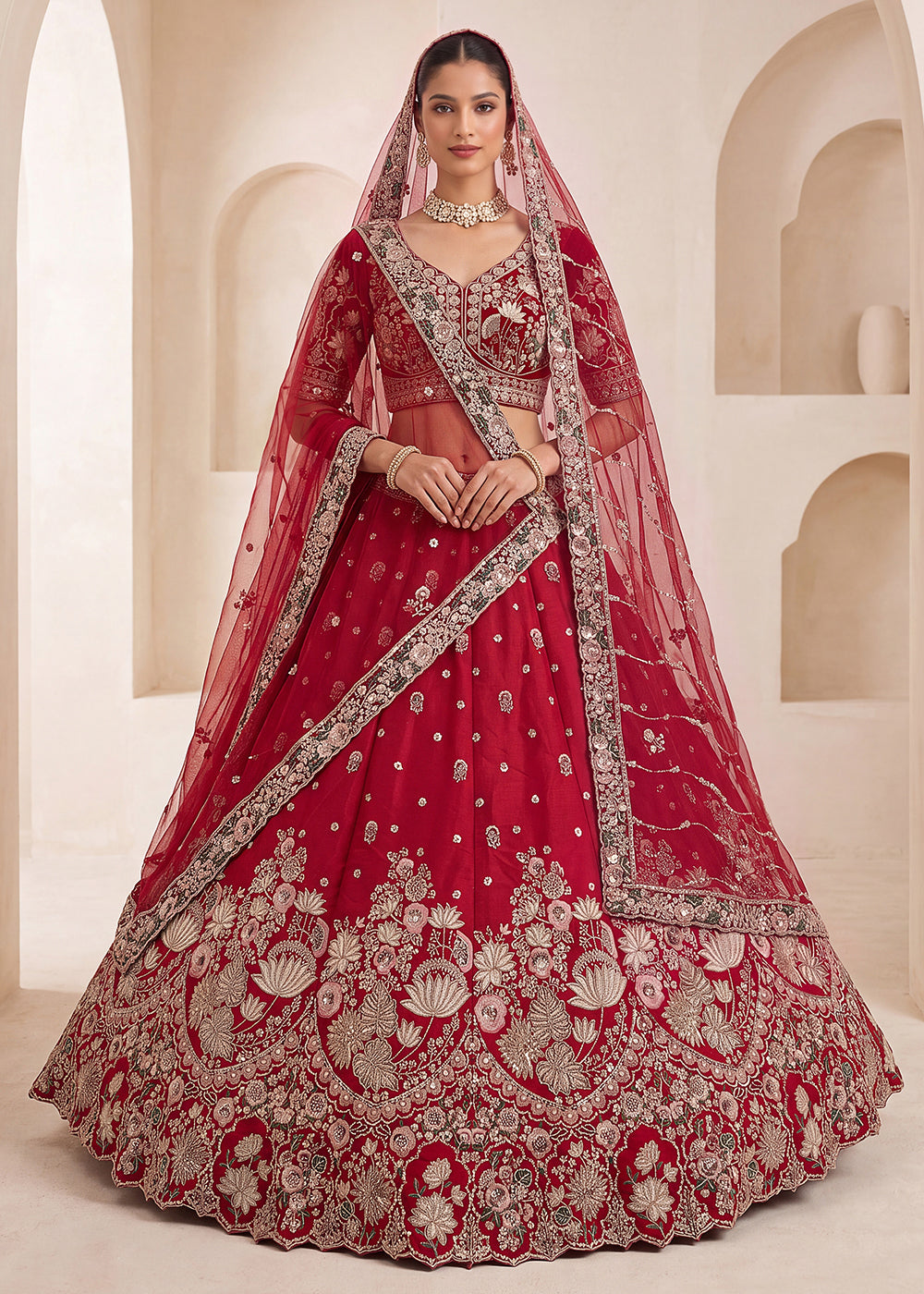 Shop Now Red Flower Pattern Handwork Lehenga Choli with Double Dupatta Online in USA, UK, Canada, France, Germany, Austria, Australia & Worldwide at Empress.