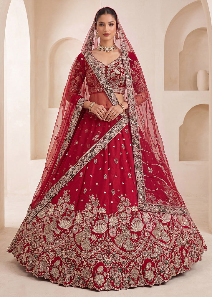 Shop Now Red Flower Pattern Handwork Lehenga Choli with Double Dupatta Online in USA, UK, Canada, France, Germany, Austria, Australia &amp; Worldwide at Empress.
