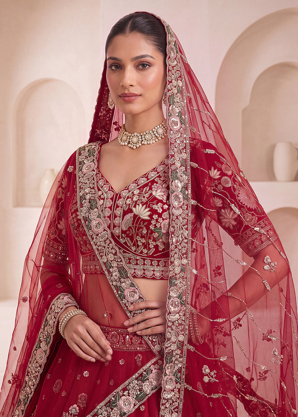 Shop Now Red Flower Pattern Handwork Lehenga Choli with Double Dupatta Online in USA, UK, Canada, France, Germany, Austria, Australia & Worldwide at Empress.
