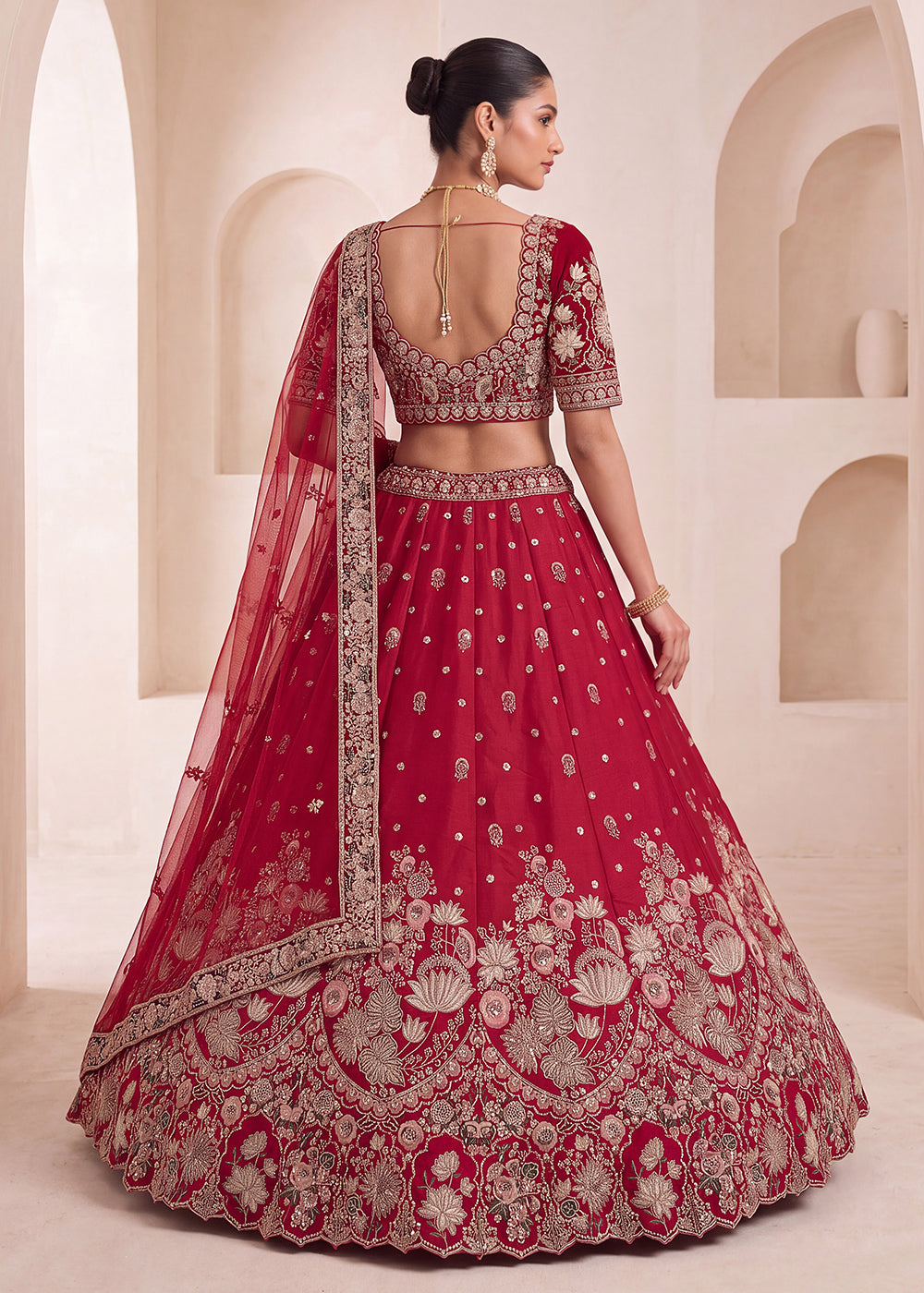 Shop Now Red Flower Pattern Handwork Lehenga Choli with Double Dupatta Online in USA, UK, Canada, France, Germany, Austria, Australia &amp; Worldwide at Empress.