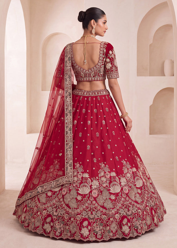Shop Now Red Flower Pattern Handwork Lehenga Choli with Double Dupatta Online in USA, UK, Canada, France, Germany, Austria, Australia &amp; Worldwide at Empress.