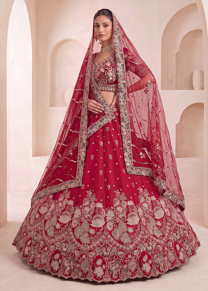 Shop Now Red Flower Pattern Handwork Lehenga Choli with Double Dupatta Online in USA, UK, Canada, France, Germany, Austria, Australia &amp; Worldwide at Empress.