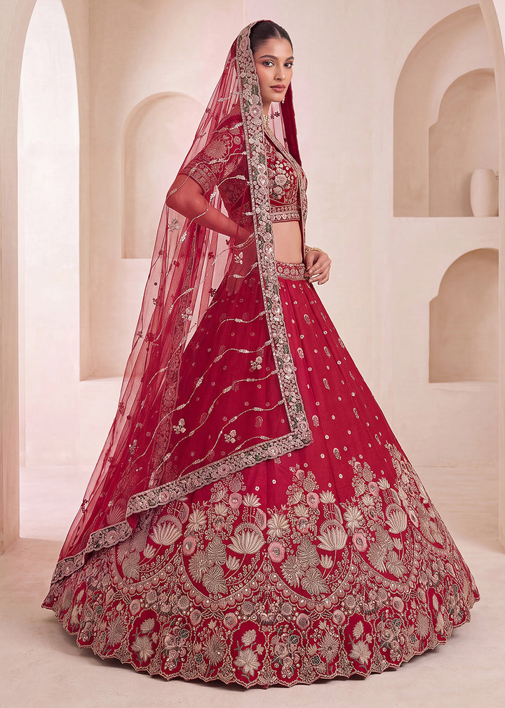 Shop Now Red Flower Pattern Handwork Lehenga Choli with Double Dupatta Online in USA, UK, Canada, France, Germany, Austria, Australia &amp; Worldwide at Empress.