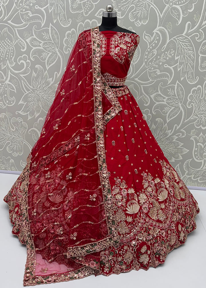 Shop Now Red Flower Pattern Handwork Lehenga Choli with Double Dupatta Online in USA, UK, Canada, France, Germany, Austria, Australia &amp; Worldwide at Empress.
